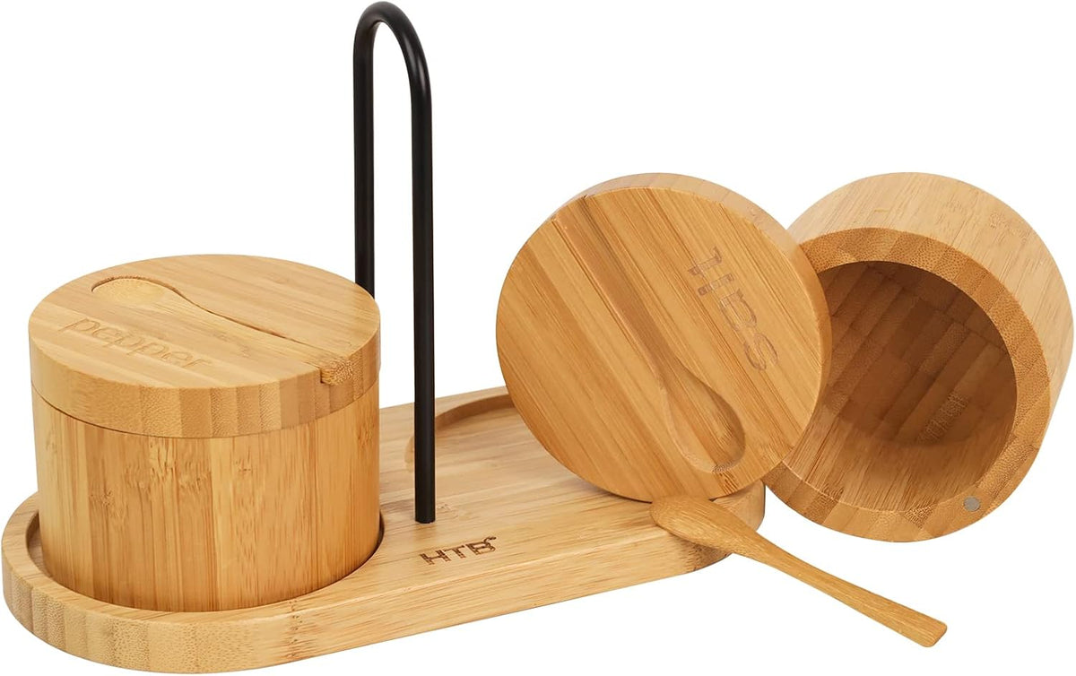 HTB Bamboo Salt Cellar with Mini Spoon and Magnetic Swivel Lid