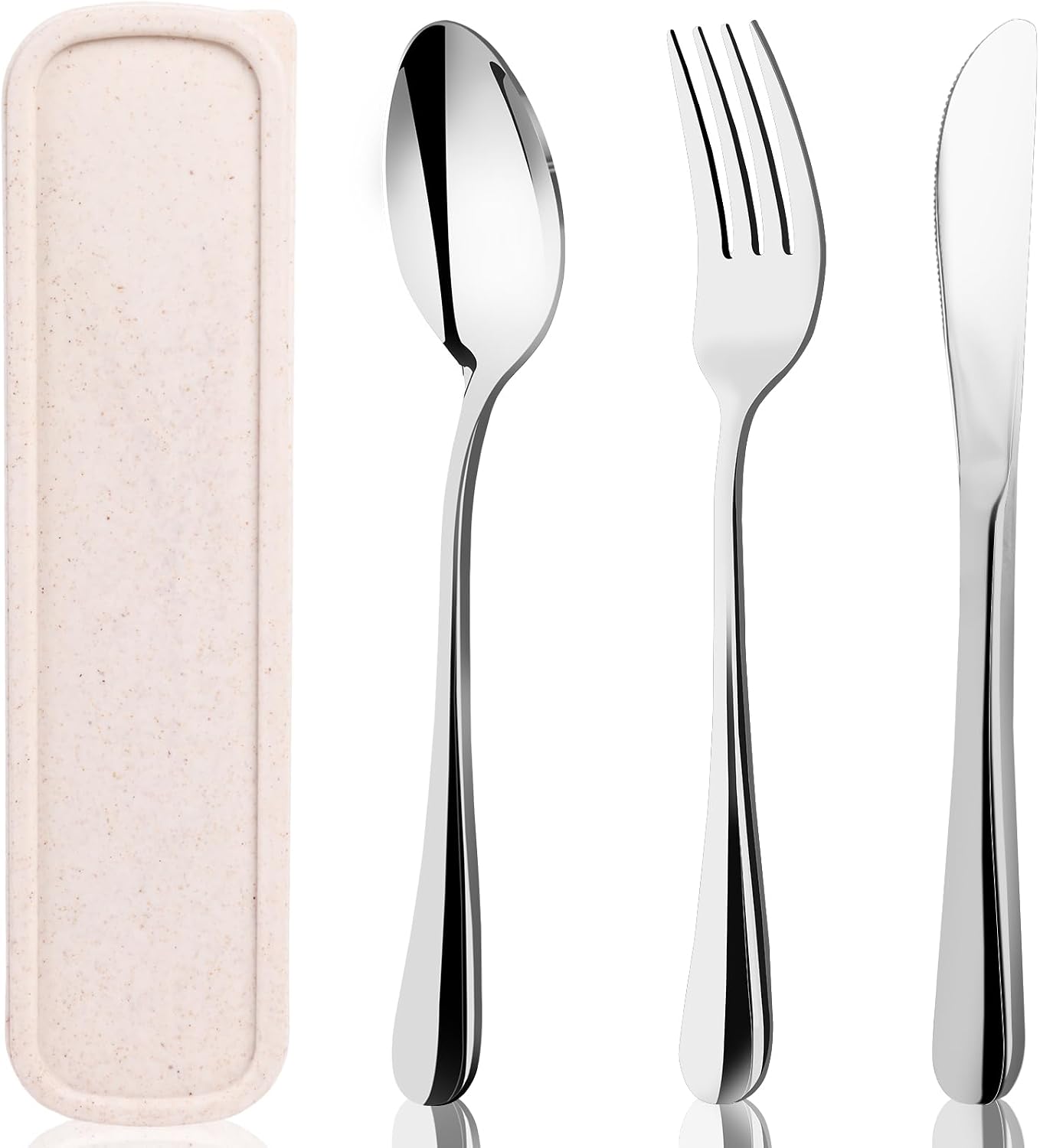 HANSGO Travel Utensils with Case, 4PCS Stainless Steel Portable Cutlery Set, Built-in Card Slot Design for Fixing Tableware, Easy-Open Lid, Lunch Box for Camping Work School, Dishwasher Safe, Beige