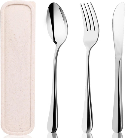 HANSGO Travel Utensils with Case, 4PCS Stainless Steel Portable Cutlery Set, Built-in Card Slot Design for Fixing Tableware, Easy-Open Lid, Lunch Box for Camping Work School, Dishwasher Safe, Beige