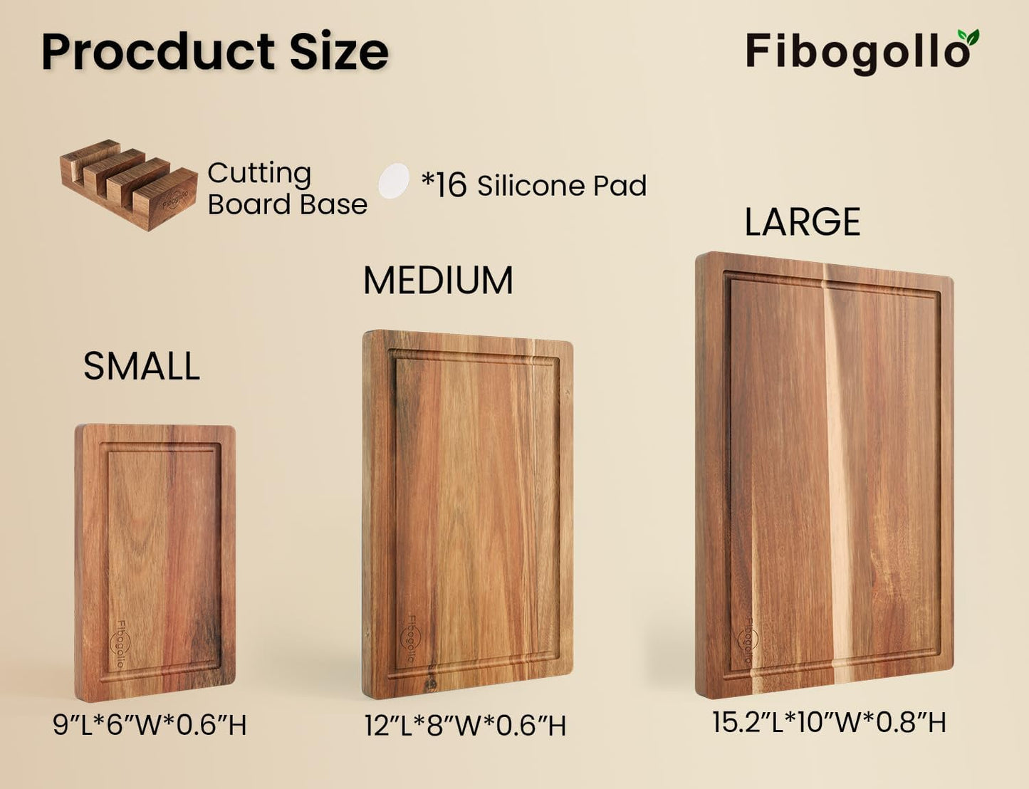 Fibogollo Acacia Wood Cutting Boards for Kitchen(Set of 3),Wooden Chopping Boards Set with Juice Groove,Serving Board with Holder,Butcher Block for Meat,Vegetables,Fruit