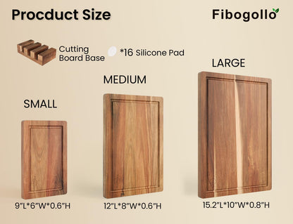 Fibogollo Acacia Wood Cutting Boards for Kitchen(Set of 3),Wooden Chopping Boards Set with Juice Groove,Serving Board with Holder,Butcher Block for Meat,Vegetables,Fruit