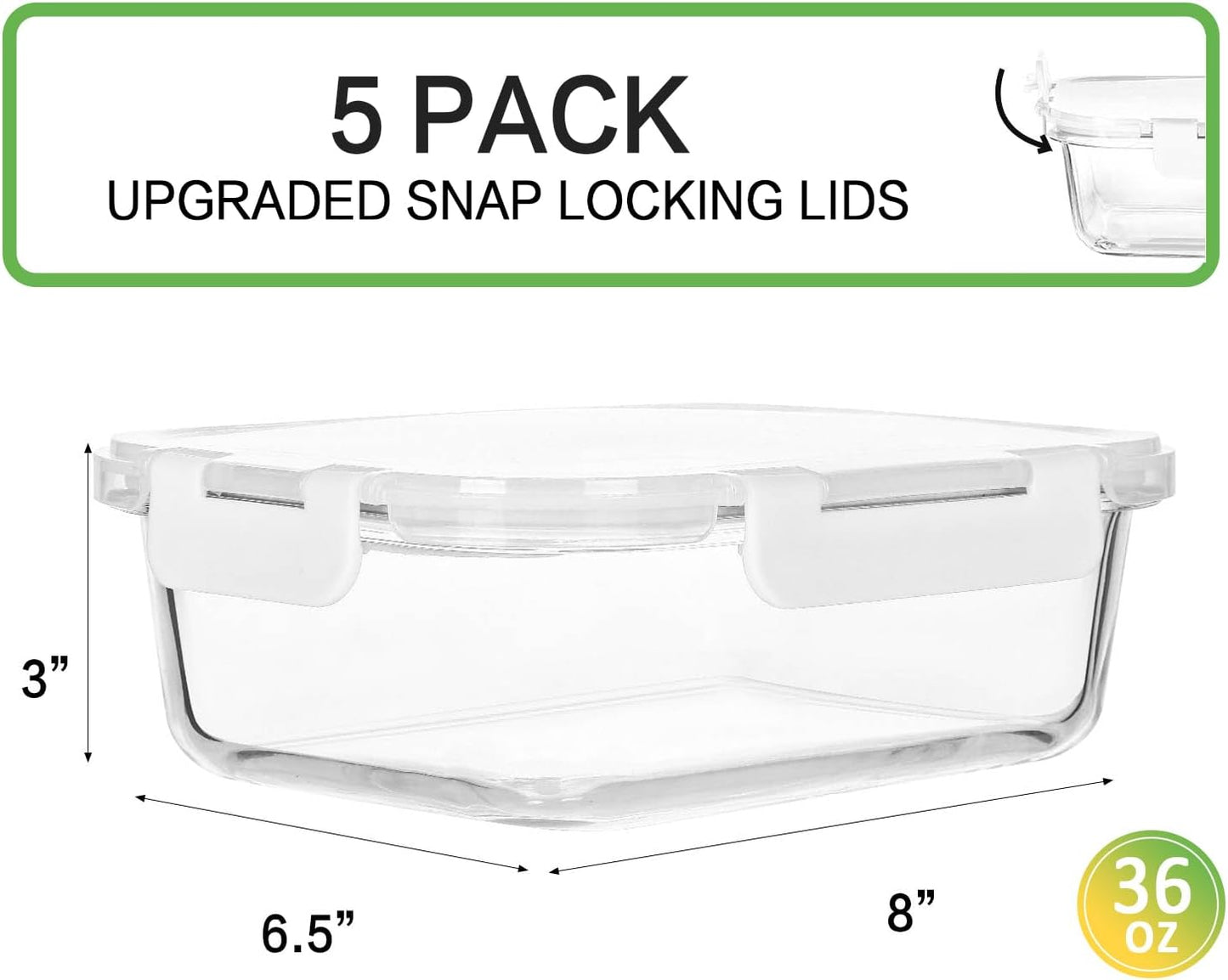 M MCIRCO [5-Packs, 36 Oz Glass Meal Prep Containers with Snap Locking Lids Glass Food Containers,Airtight Lunch Container,Microwave, Oven, Freezer and Dishwasher (4.5 Cup)