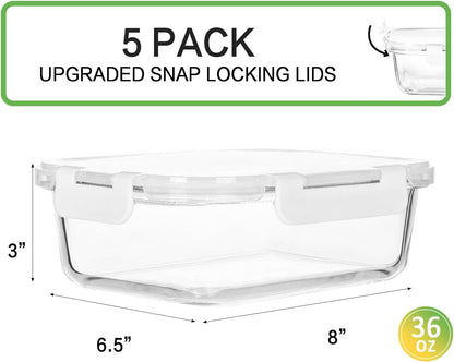 M MCIRCO [5-Packs, 36 Oz Glass Meal Prep Containers with Snap Locking Lids Glass Food Containers,Airtight Lunch Container,Microwave, Oven, Freezer and Dishwasher (4.5 Cup)