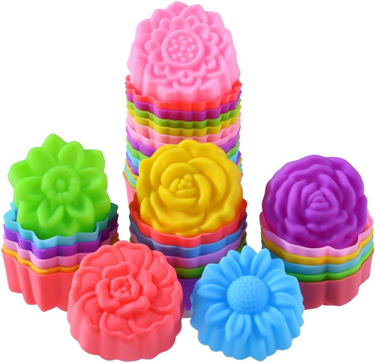 Reusable Silicone Baking Cups, 2 Inch Mini Size Silicone Cupcake Liners for baking, Multi Flower Shapes Muffin Liners, Pack of 36
