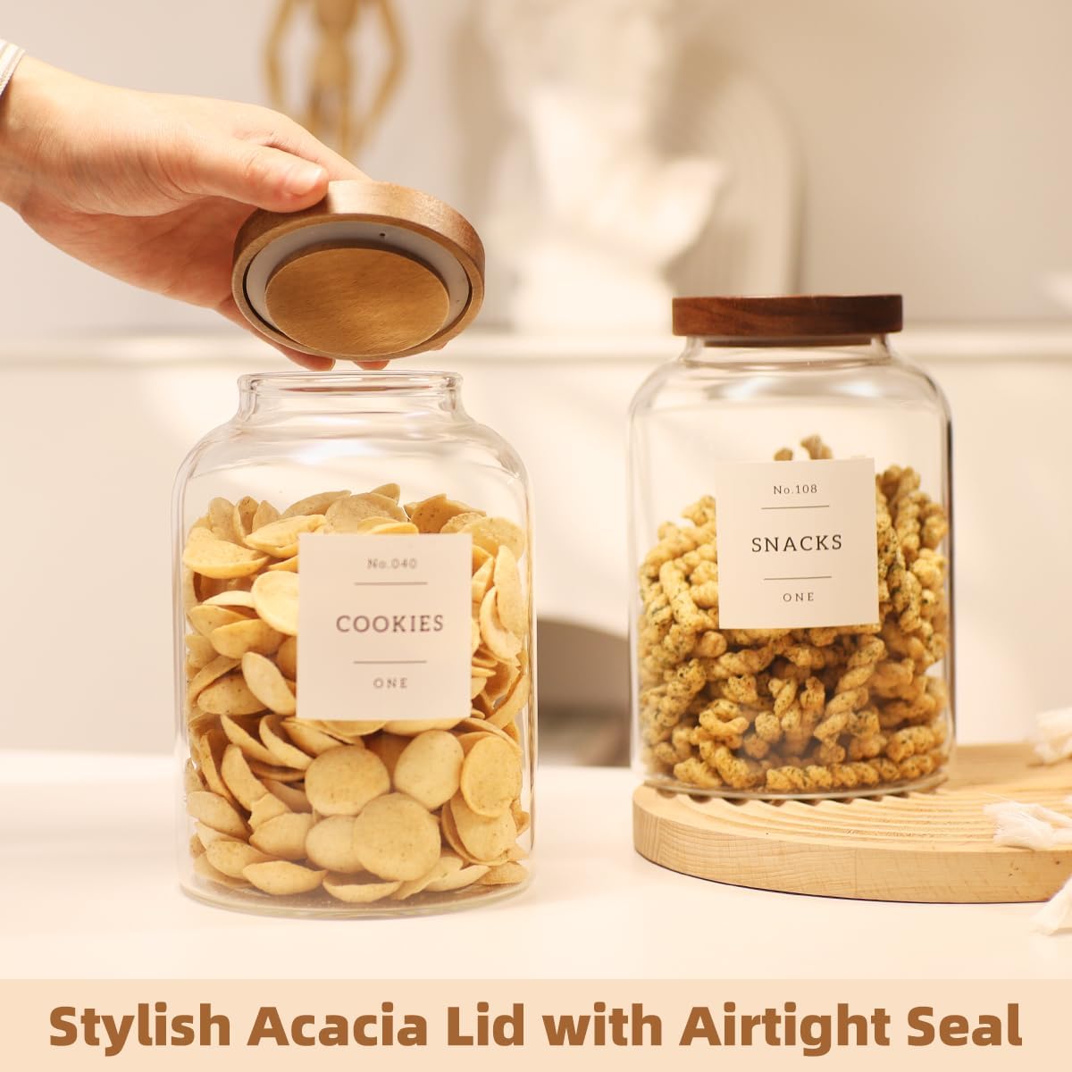 2 Pack Large Glass Flour and Sugar Storage Containers with Airtight Acacia Wood Lids and 132 Kitchen Pantey Labels Preprint - 1 Gallon Borosilicate Glass Canister Sets for Food,Pasta,Cookie,Rice