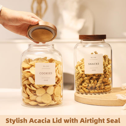 2 Pack Large Glass Flour and Sugar Storage Containers with Airtight Acacia Wood Lids and 132 Kitchen Pantey Labels Preprint - 1 Gallon Borosilicate Glass Canister Sets for Food,Pasta,Cookie,Rice