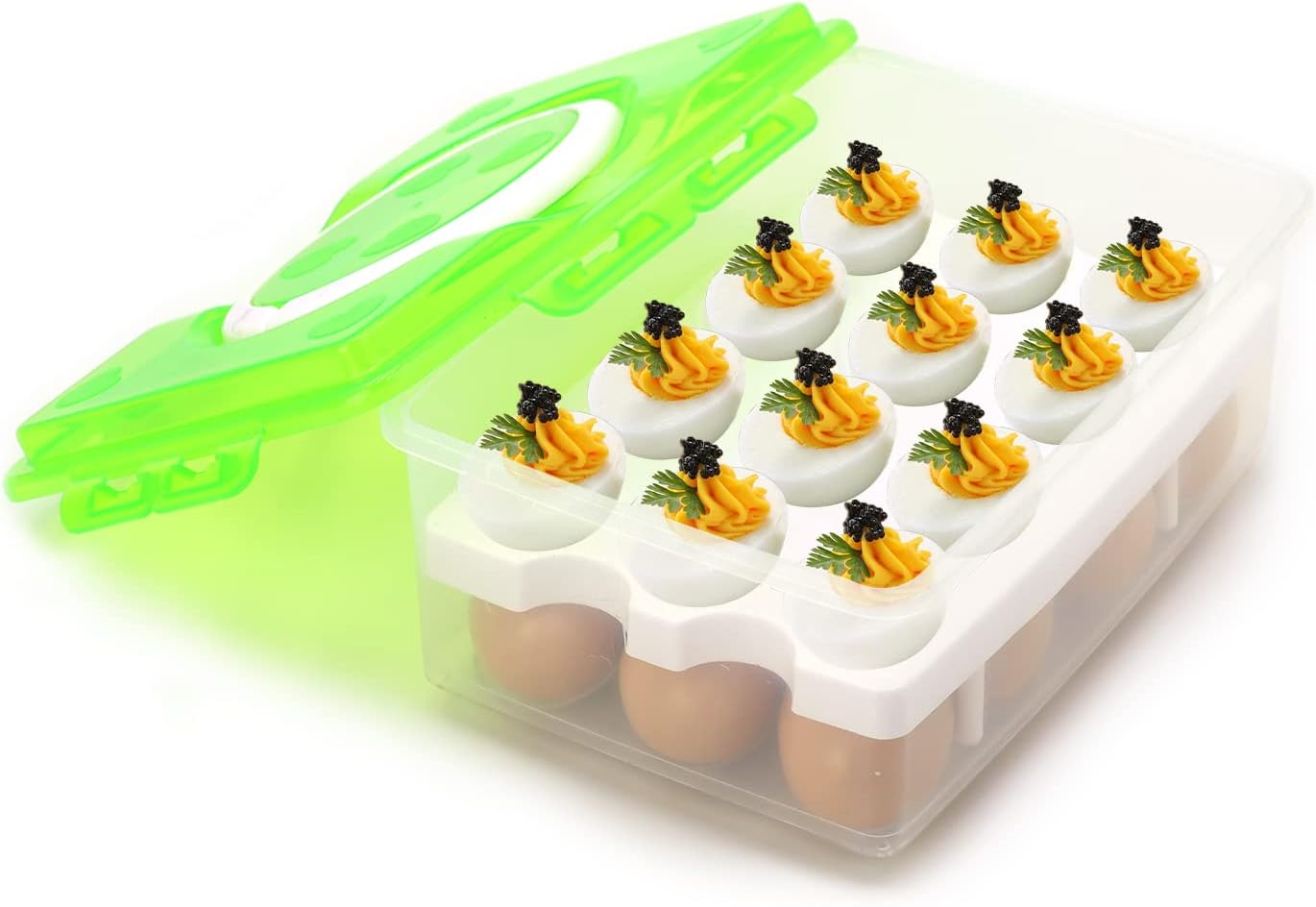 2 Tiers Egg Container Deviled Egg Carrier Eggs Holder with Handle Fridge Freezer Storage by DELIFUR (Green)