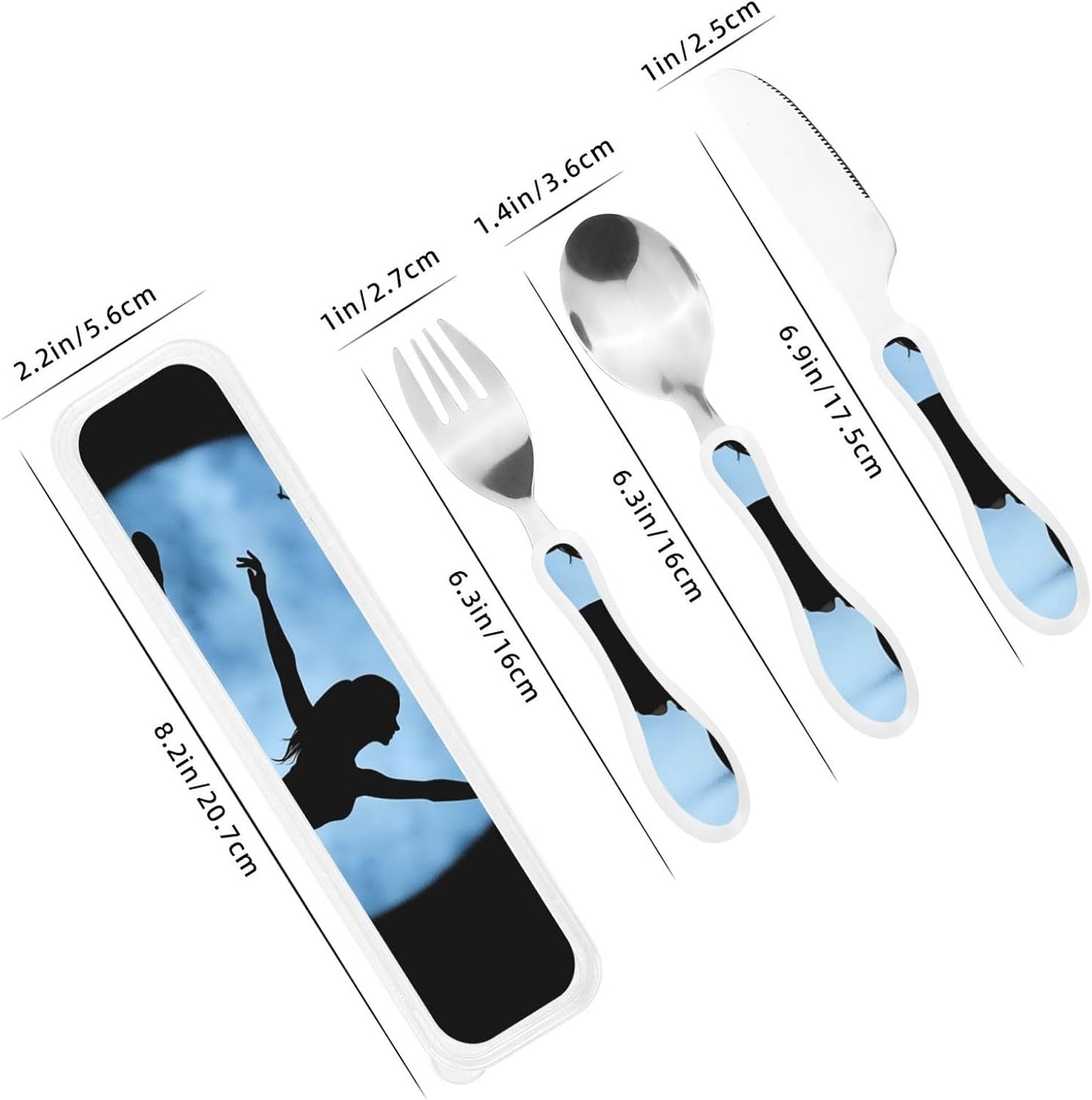 3-Piece Kids Silverware Set With Storage Case, Stainless Steel Reusable Children Safe Knife Spoon Fork Set Blue Active Girl Running Sunset Children Flatware Set For Kids Lunch Box - Colors C