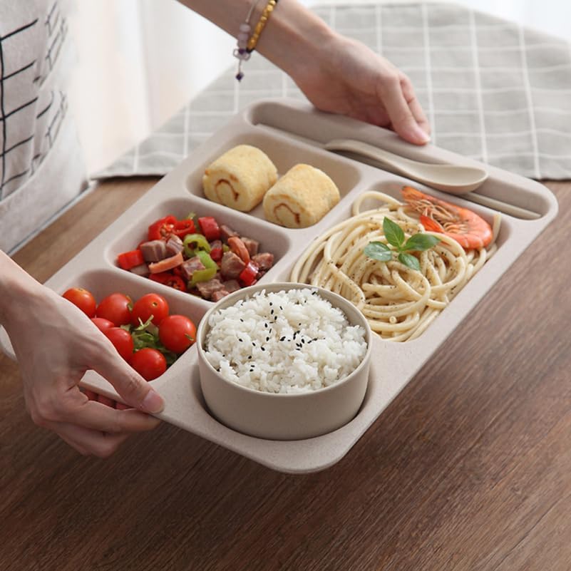 Cabilock Meal Prep Container Wheat Straw Divided Plates Divided Dinner Tray Beige Sections Dinner Plates with Bowl Spoon Chopsticks Cutlery Tableware for Adults Portion Control Plates