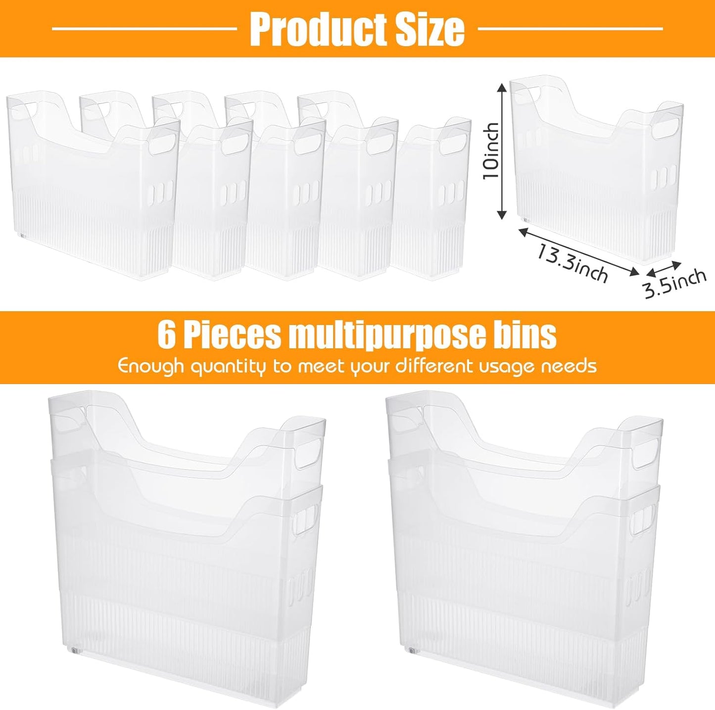 Qunclay 6 Plastic Freezer Organizer Bins with Wheel Set Clear Tall Narrow Kitchen Pantry Organizer Snack Storage Containers for Office Refrigerator(3 Sizes)