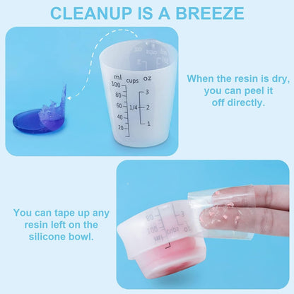 Creahaus Silicone Measuring Cups Tool Kit for Resin, Non-Stick 250 & 100ml Epoxy Mixing Cups, Reusable Resin Supplies with Silicone Mat, Stir Sticks, Pipettes, Cups for Molds, Jewelry Making
