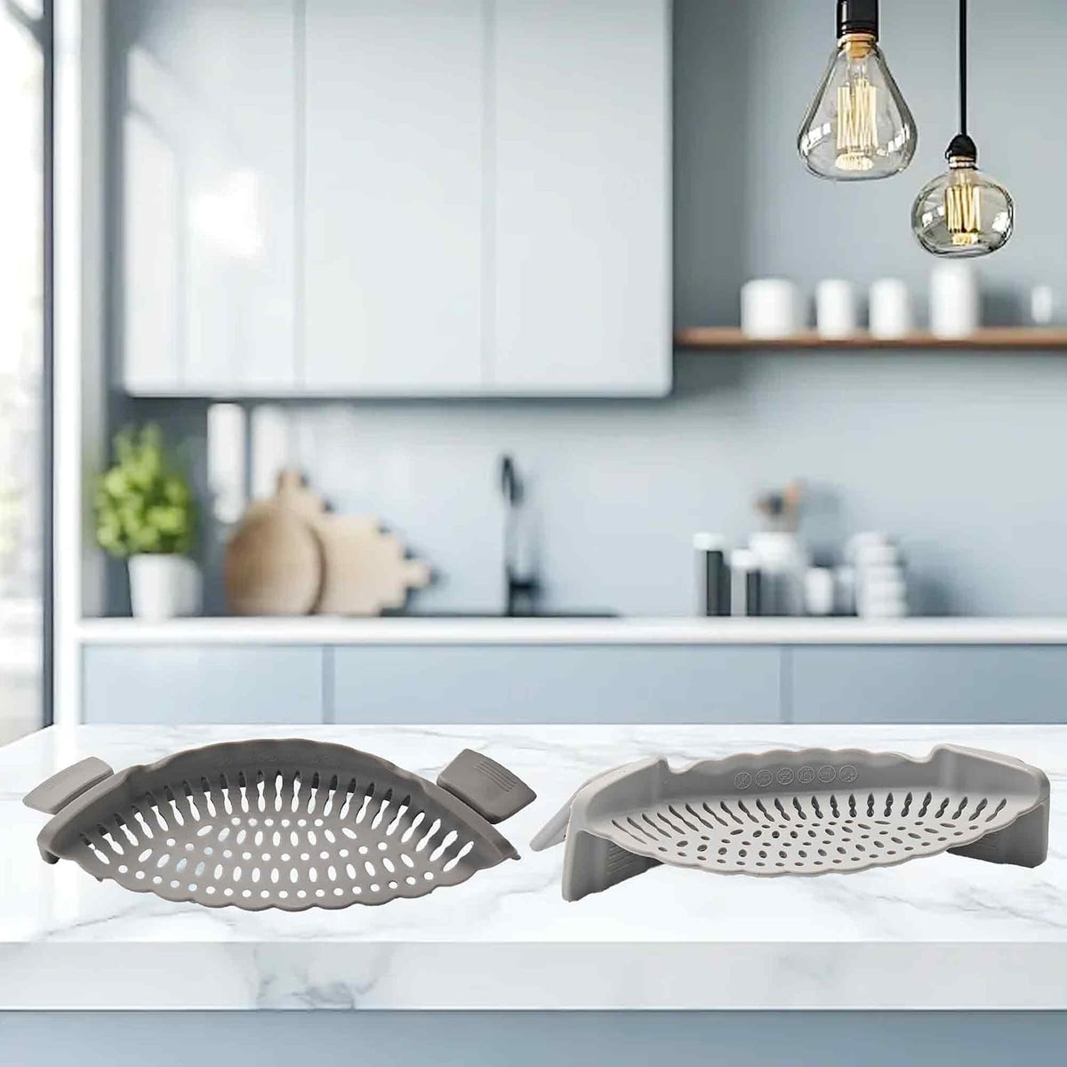 Blue Silicone Clip On Strainer, Universal Pot Colander for Draining Pasta, Vegetables and Kitchen Cooking