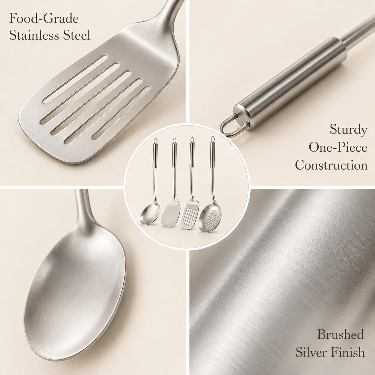 Pleafind 𝟑𝟑% 𝐎𝐅𝐅 Cooking Utensils Set - 4 Pcs Stainless Steel Kitchen Utensils Set with Solid Turner, Slotted Turner, Serving Ladle, Slotted Spoon, Wok Utensils Set with Heat Resistant Handle