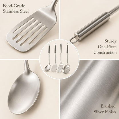 Pleafind 𝟑𝟑% 𝐎𝐅𝐅 Cooking Utensils Set - 4 Pcs Stainless Steel Kitchen Utensils Set with Solid Turner, Slotted Turner, Serving Ladle, Slotted Spoon, Wok Utensils Set with Heat Resistant Handle