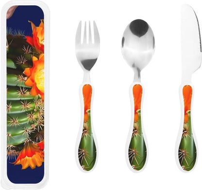 3-Piece Kids Silverware Set With Storage Case, Stainless Steel Reusable Children Safe Knife Spoon Fork Set Blue Eyed Dog Children Flatware Set For Kids Lunch Box