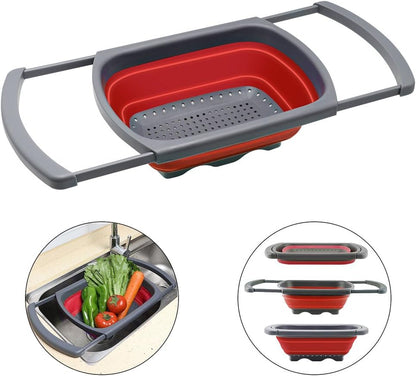 Qimh Colander Collapsible, Over The Sink Veggies/Fruit 6-Quart Strainers and Colanders with Extendable Handles, Folding Strainer for Kitchen