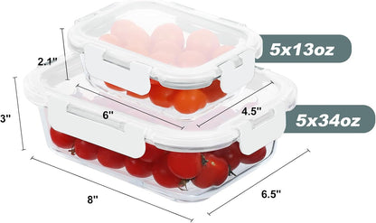 KOMUEE 10 Pack Glass Food Storage Containers, Meal Prep Containers with Lids, Airtight Glass Lunch Boxes, Freezer, Oven, and Microwave Safe, Pink