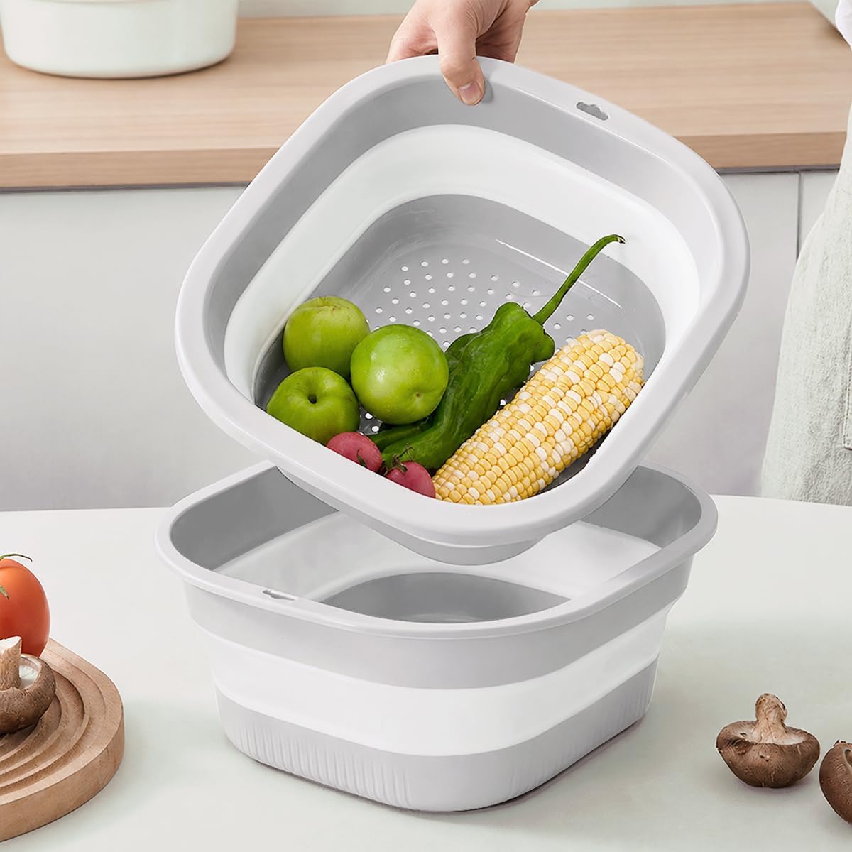 Collapsible Colander & Wash Basin Set, 2-in-1 Foldable Dishpan with Drain Holes, Space-Saving Kitchen Sink Tub for Washing Fruits, Vegetables, Meal Prep & Kitchen Use (Pink)