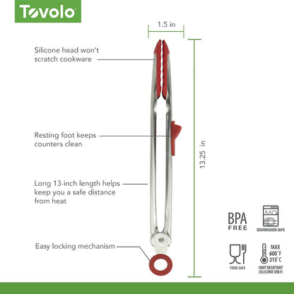 Tovolo Tongs With Silicone Tips Easy Grip 13” Long Kitchen Tongs Stainless Steel Handle For Cooking BBQ, Non Scratch Heat Resistant Locking Metal Silicone Tipped Dishwasher Safe BPA Free, Black