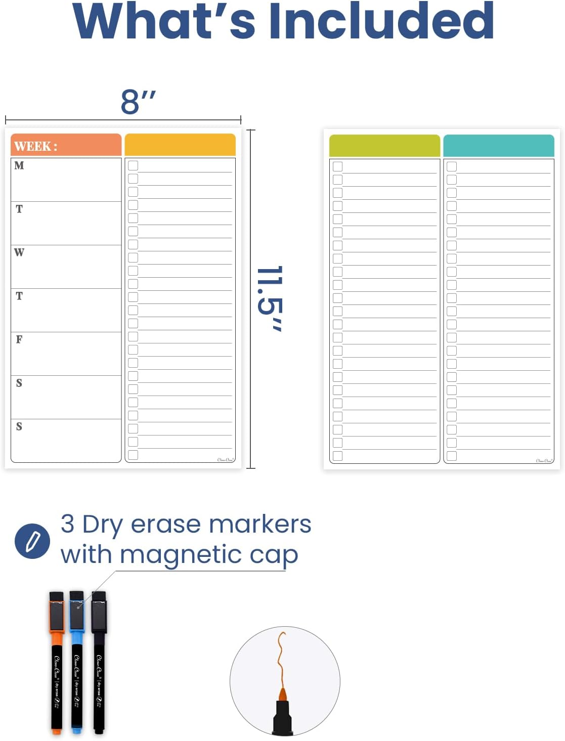 Non-Magnetic Dry Erase List for Fridge - Reusable 8"x11.5" List and Weekly Planning Board Stick to Most Smooth Surfaces - 3 Dry Erase Markers Included