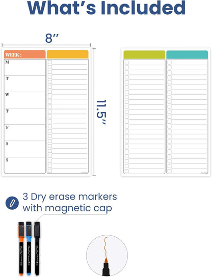 Non-Magnetic Dry Erase List for Fridge - Reusable 8"x11.5" List and Weekly Planning Board Stick to Most Smooth Surfaces - 3 Dry Erase Markers Included