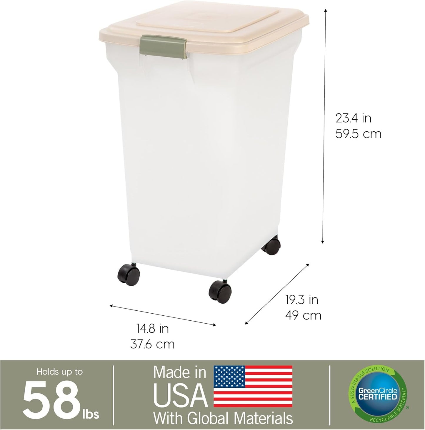 IRIS USA Dog Food Storage Container 58 Lb, Airtight Large Pet Food Storage Bin with Wheels, for Dog Cat Bird Chicken Food, Holds Up to 58 lbs, Keep Fresh, BPA Free, Made in USA, Black