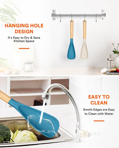 Cooking Spoon for Nonstick Cookwares, Great for Cooking and Serving Sturdy BPA-Free Matte Silicone, Wood Handle Spoon for Mixing, Scoop, and Scrape (Black & Grey, 11.4 inch)