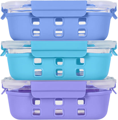 ECOBERI Glass Meal Prep Containers with Silicone Sleeves, 3 Piece 4.5 Cup Set, Borosilicate Glass Food Storage with Leak-Resistant Lids, Oven, Microwave, Freezer and Dishwasher Safe