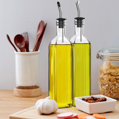Leaflai 17oz Olive Oil Dispenser Bottle, 500ml Oil & Vinegar Cruet with 2 Stainless Steel Pourers, 2 Labels,1 Brush and 1 Funnel for Kitchen
