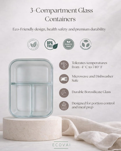 ECOVAI Glass Bento Box (2 Pack) LARGE 3-Compartment Portion Control Glass Meal Prep Containers with Bamboo Lid, Leakproof Silicone Seal, Borosilicate Glass, Microwave Safe Lunch Box/Tupper
