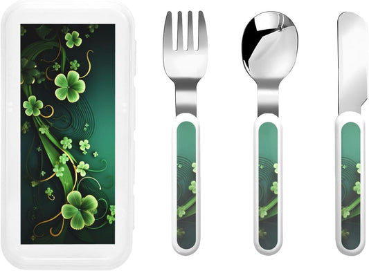 3-Piece Kids Silverware Set With Storage Case, Stainless Steel Reusable Children Safe Knife Spoon Fork Set Happy St Patrick'S Day Children Flatware Set For Kids Lunch Box
