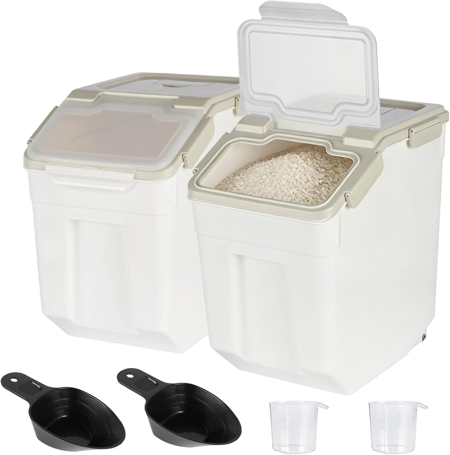 Rice Storage Container 25 lbs, Grey, 2 Pack | Airtight, with Wheels, Locking Lid, Measuring Cup Included, for Flour Sugar Grain Cereal
