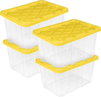 Sterilite 4-Pack 27 Gallon Industrial Storage Tote, Heavy-Duty Plastic Bins, Black/Yellow - Stackable Utility Organizers with Lids for Garage, Camping Tools, and Outdoor Gear
