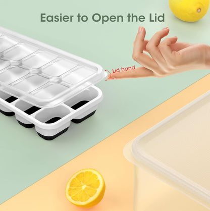 DOQAUS Ice Cube Tray with Lid and Bin - 4 Pack Silicone Ice Cube Trays for Freezer, Stackable Ice Bucket Kits with Storage Container & Scoop for Kitchen, RV, Cocktail, Coffee