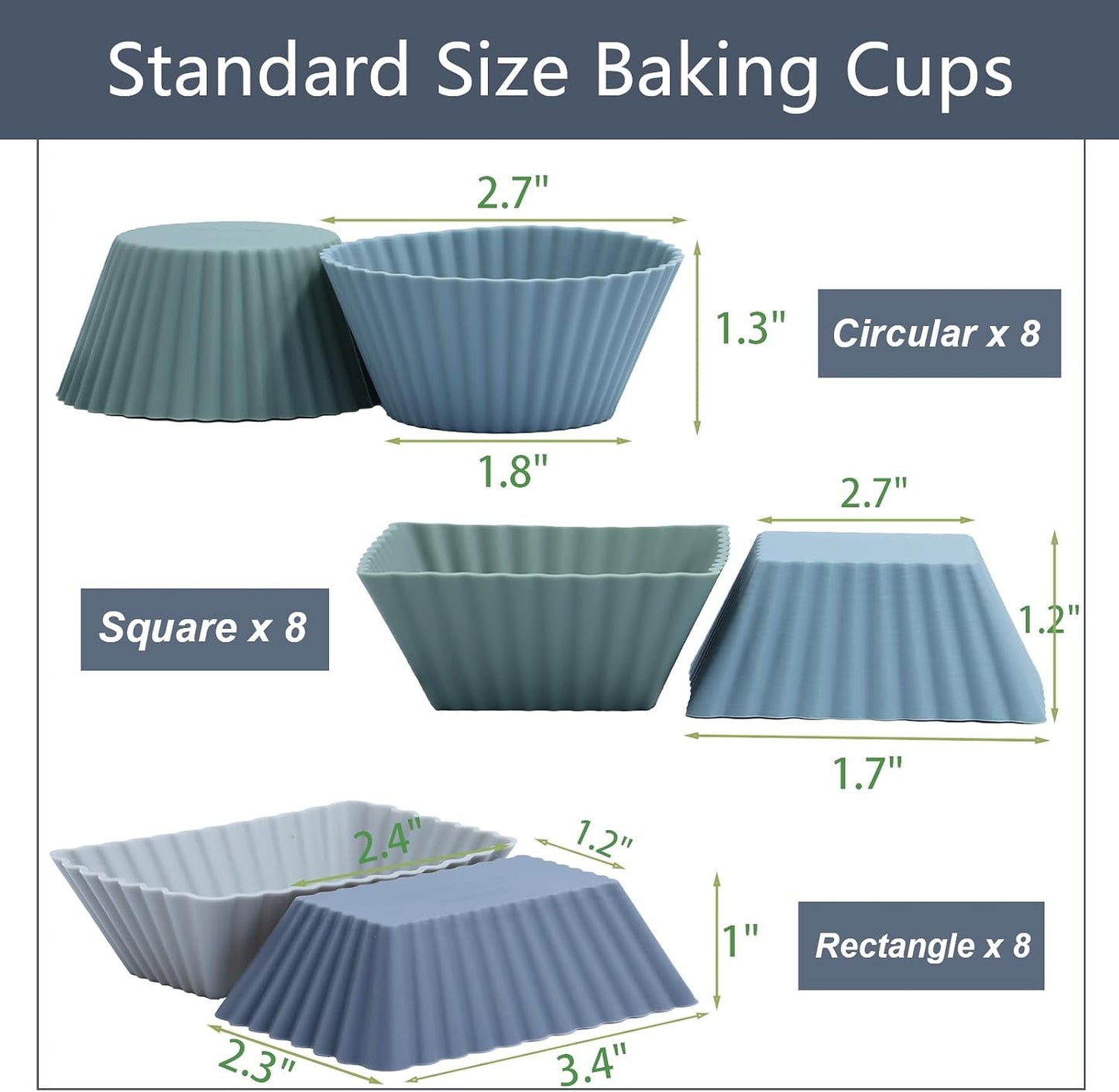 24Pack Silicone Muffin Cups, Reusable Cupcake Liners Molds for Baking, 3 Shapes Lunch Box Bento Dividers-Round, Square, and Rectangular (Orange Series, Regular Size)