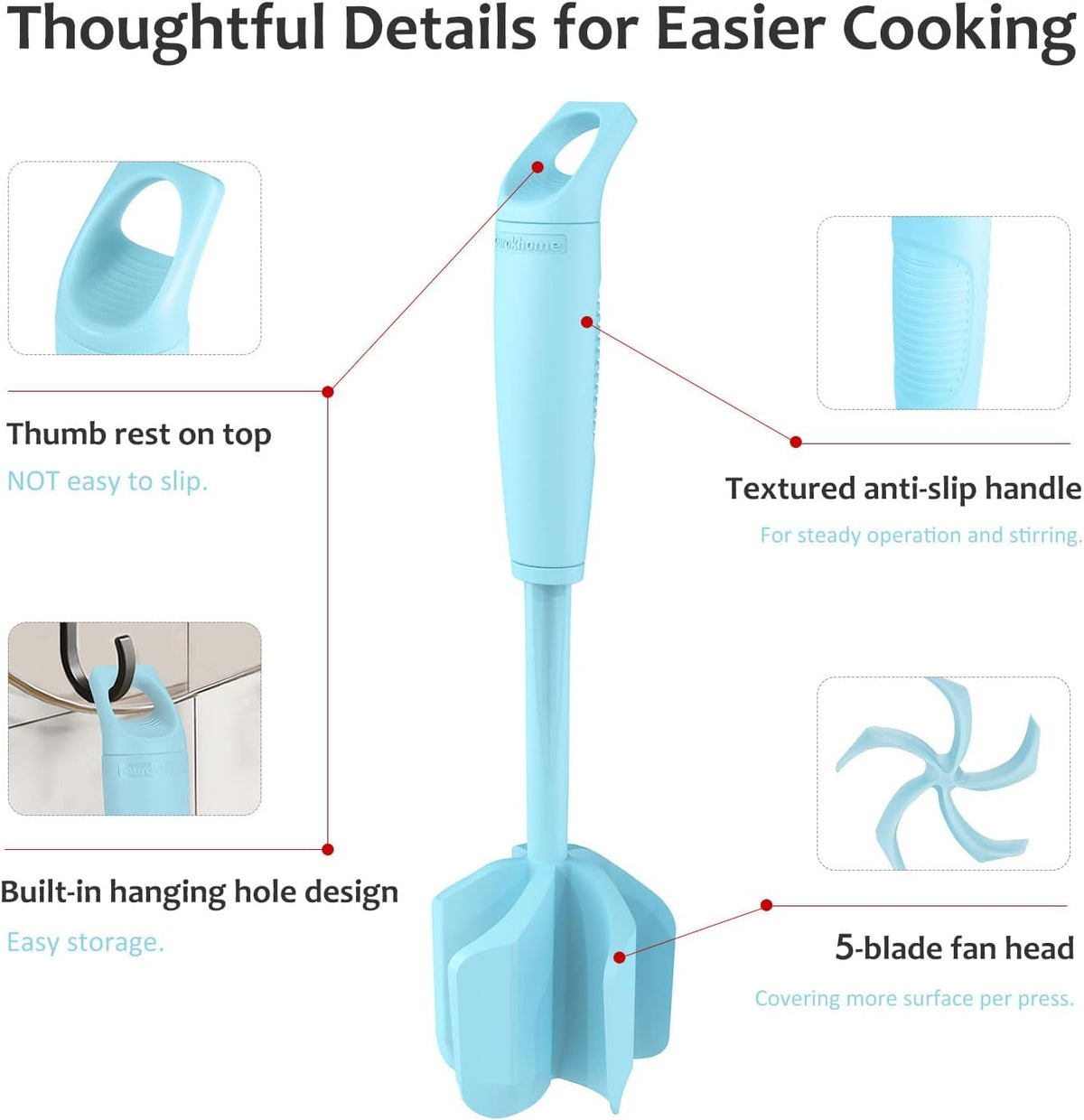Ourokhome Meat Chopper and Potato Masher, Heat Resistant Nylon Ground Beef Smasher for Hamburger, 5 Curved Blades Nonstick Safe Mixer & Stirrer, Practical Kitchen Gadgets, Mint