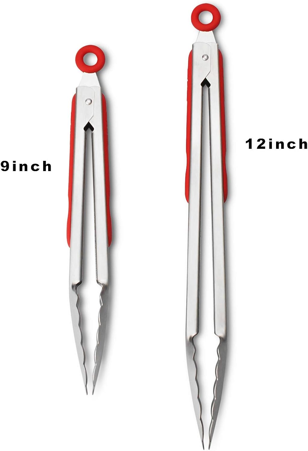 304 Stainless Steel Kitchen Cooking Tongs, 9" and 12" Set of 2 Sturdy Grilling Barbeque Brushed Locking Food Tongs with Ergonomic Grip, Black