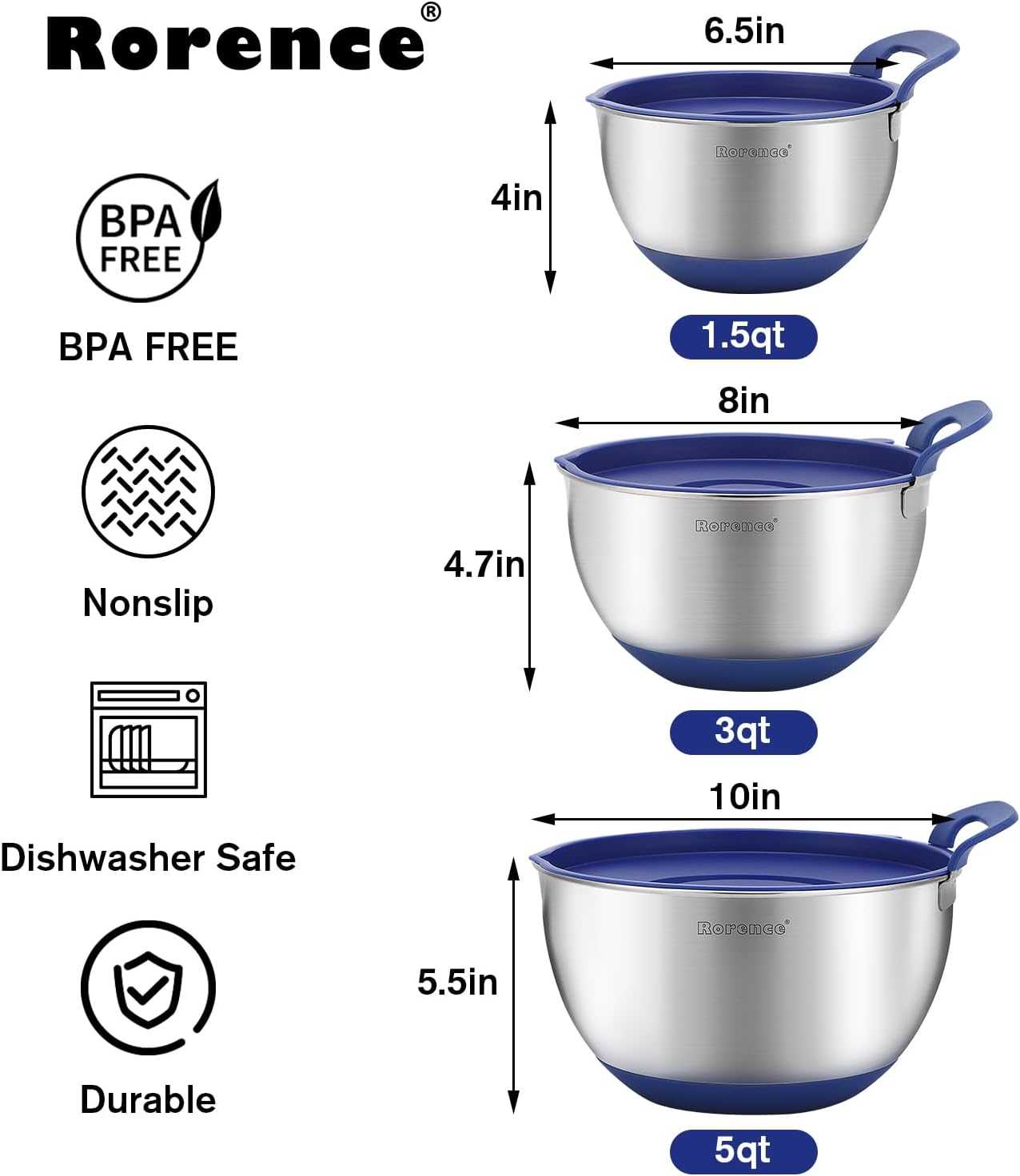 Rorence Stainless Steel Mixing Bowls: Stackable Mixing Bowl Set with Lids and Handles Non-slip Silicone Bottom Nesting Bowls for Kitchen Set of 3 - Black