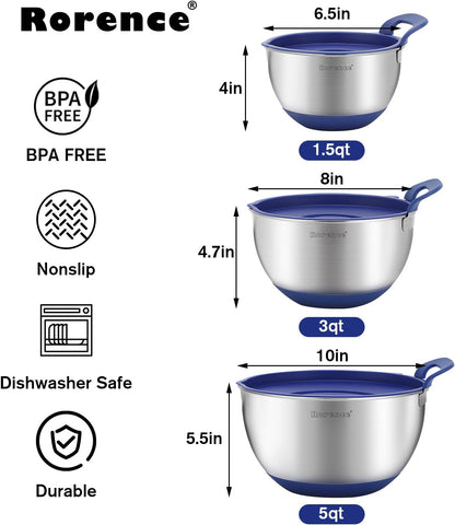 Rorence Stainless Steel Mixing Bowls: Stackable Mixing Bowl Set with Lids and Handles Non-slip Silicone Bottom Nesting Bowls for Kitchen Set of 3 - Black