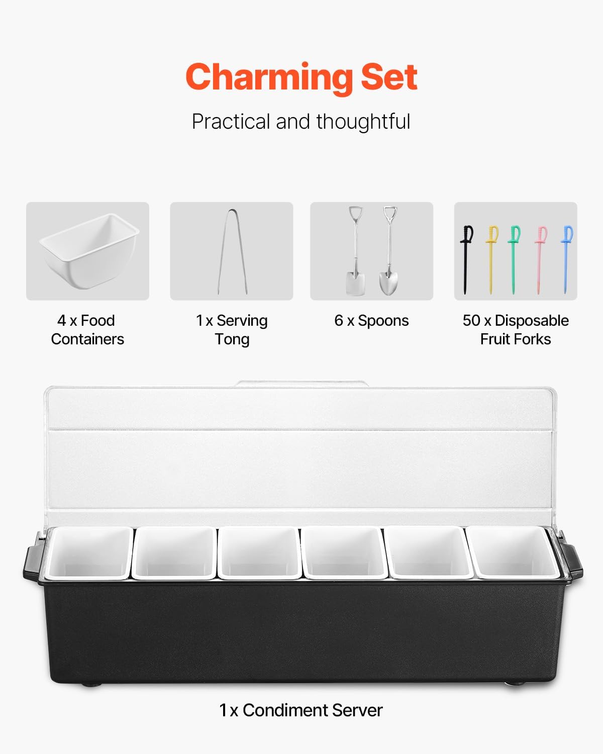 VEVOR Chilled Condiment Server Caddy, 5 Compartment Ice Cooled Serving Container, Plastic Fruit Garnish Tray Platter with Lid, for Taco Salad Bar Accessories, Party Home Restaurant Supplies