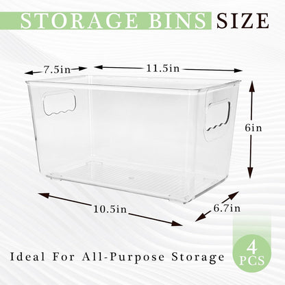6 Pack Clear Plastic Storage Bins with Handles, Stackable Pantry Fridge Cabinet Under Sink Organizers and Storage, Multi-use Large Home Kitchen Bathroom Organization for Shelf Closet Drawer