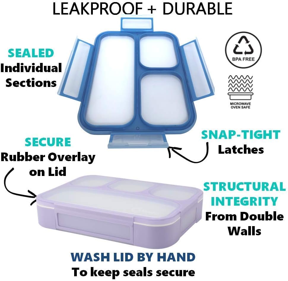 Bento Lunch Box for Kids or Adults, Snack Containers for Boys, Girls, School Daycare Work, 3 Divided Compartments Meal Planning Portion Control, BPA-Free Boxes, Utensils | Blue Purple 2 pack