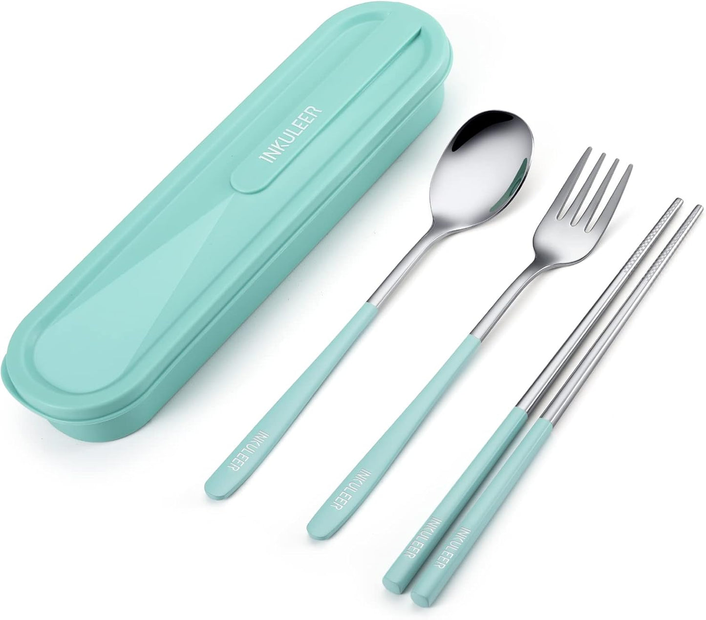 iNKULEER Travel cutlery set, 18/8 stainless steel cutlery, Reusable utensils set with case, Portable Silverware Lunch Box for Camping and Office (Pink)
