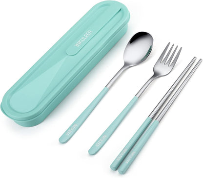 iNKULEER Travel cutlery set, 18/8 stainless steel cutlery, Reusable utensils set with case, Portable Silverware Lunch Box for Camping and Office (Pink)