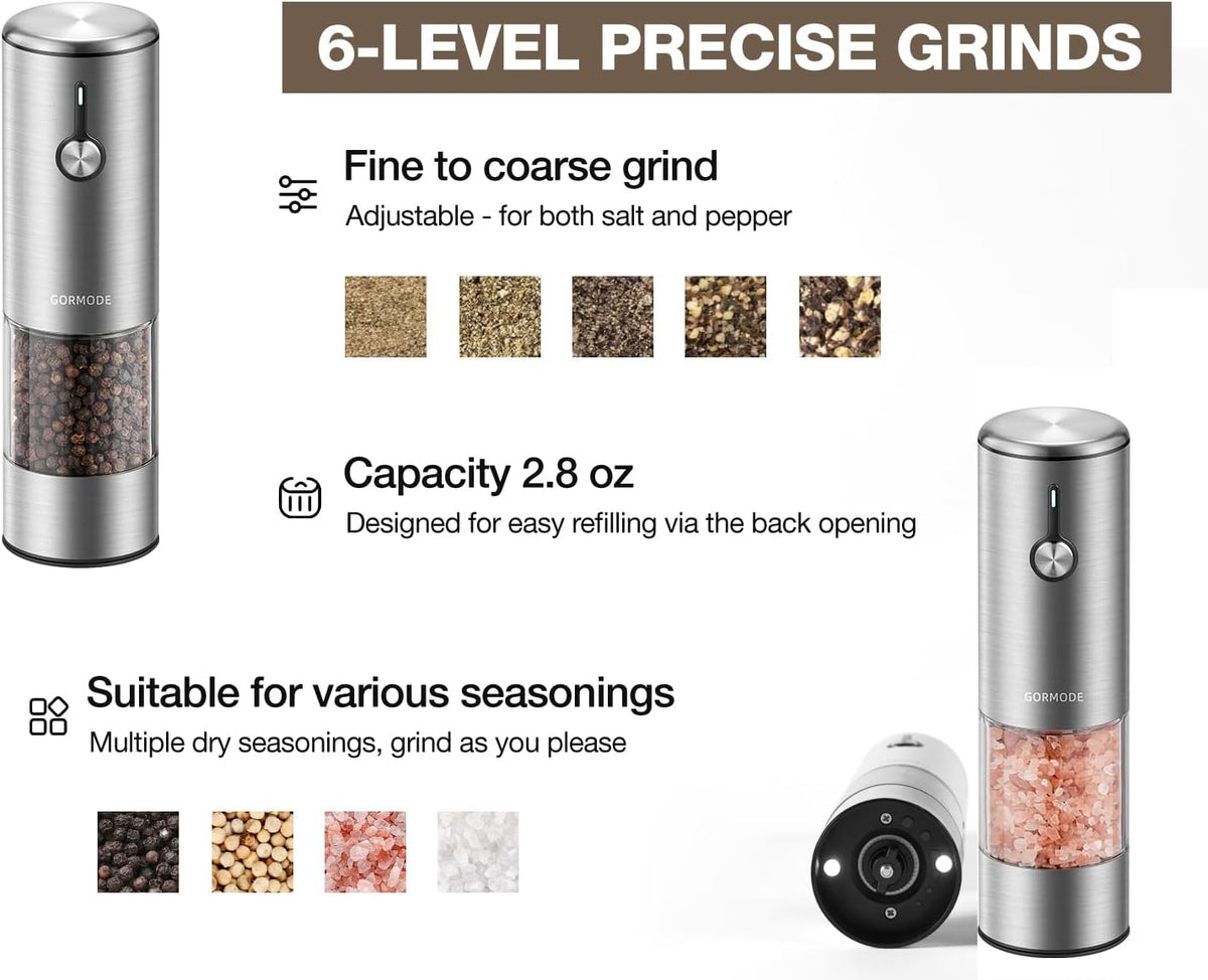 Stainless Steel Rechargeable Electric Salt and Pepper Grinder Set – USB Charging, One-Hand Electric Mill, Adjustable Coarseness, LED Light & Dust Cover –2pack(Greige & Buttercream)