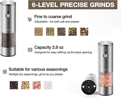Stainless Steel Rechargeable Electric Salt and Pepper Grinder Set – USB Charging, One-Hand Electric Mill, Adjustable Coarseness, LED Light & Dust Cover –2pack(Greige & Buttercream)