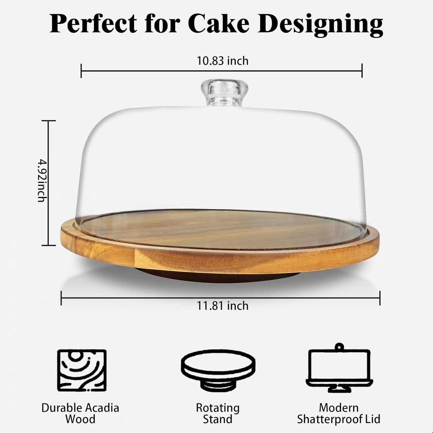 cutesun Cake Stand with Lid, 10.8'' Shatterproof Acrylic Dome (Not Glass), 11.8'' Rotating Acacia Wood Cake Display Stand for Wedding Birthday Party Dessert