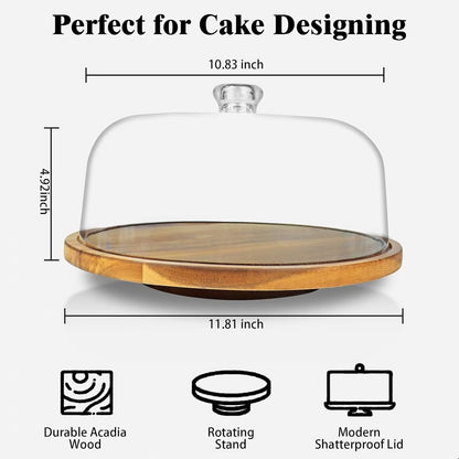 cutesun Cake Stand with Lid, 10.8'' Shatterproof Acrylic Dome (Not Glass), 11.8'' Rotating Acacia Wood Cake Display Stand for Wedding Birthday Party Dessert