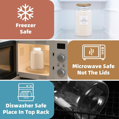 2 Pack Large Glass Flour and Sugar Storage Containers with Airtight Acacia Wood Lids and 132 Kitchen Pantey Labels Preprint - 1 Gallon Borosilicate Glass Canister Sets for Food,Pasta,Cookie,Rice
