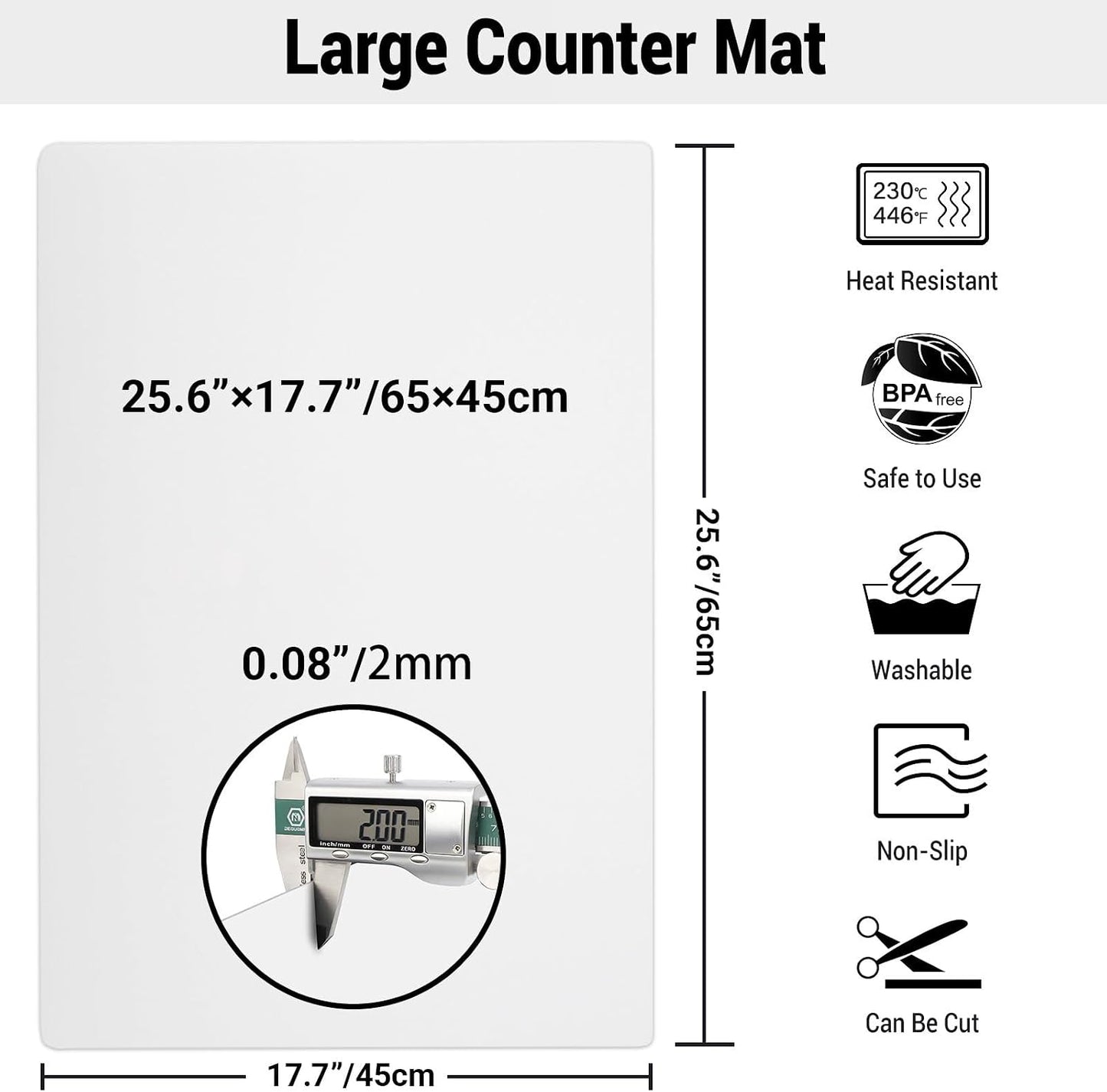 Ewen 25.6x17.7in Large Silicone Kitchen Counter Mat, 2mm Thick Heat Resistant Countertop Protector, Baking Silicone Mat under Air Fryer Toaster Oven Microwave Coffee Maker Cutting Board Drill Black